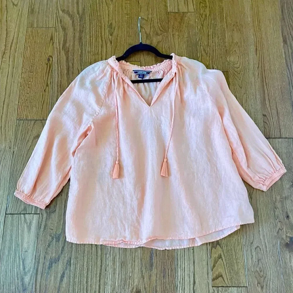Lands end 100% linen peasant tassel blouse size m